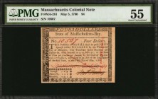 Colonial Notes
Lot of (2) MA-281 & MA-285. Massachusetts. May 5, 1780. $4 & $20. PMG About Uncirculated 53 & 55.
Pen cancelled pair bearing counters...