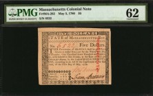 Colonial Notes
MA-282. Massachusetts. May 5, 1780. $5. PMG Uncirculated 62.
No. 6522. Uncancelled. Signed by Thomas Dawes and Loammi Baldwin. Baldwi...