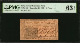 Colonial Notes
Lot of (2) NJ-153 & NJ-154. New Jersey. December 31, 1763. 18 Pence & 3 Shillings. PMG Choice Uncirculated 63 EPQ & PCGS Currency Choi...