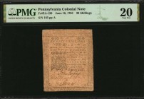 Colonial Notes
PA-126. Pennsylvania. June 18, 1764. 20 Shillings. PMG Very Fine 20.
No. 185. Signed by Evans, Wharton, and Story. Printed by Ben Fra...