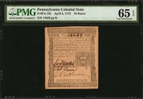 Colonial Notes
PA-155. Pennsylvania. April 3, 1772. 18 Pence. PMG Gem Uncirculated 65 EPQ.
No. 14648. Signed by Coates, Dean, and Wharton. Printed b...