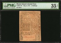 Colonial Notes
RI-178. Rhode Island. May 3, 1775. 2 Shillings. PMG Choice Very Fine 35 Net. Repaired, Trimmed.
No. 2917. Signed by Henry Ward. Print...