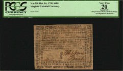 Colonial Notes
VA-200. Virginia. October 16, 1780. $400. PCGS Currency Very Fine 20 Apparent. Major Restorations; Backed; Design and Signatures Redra...