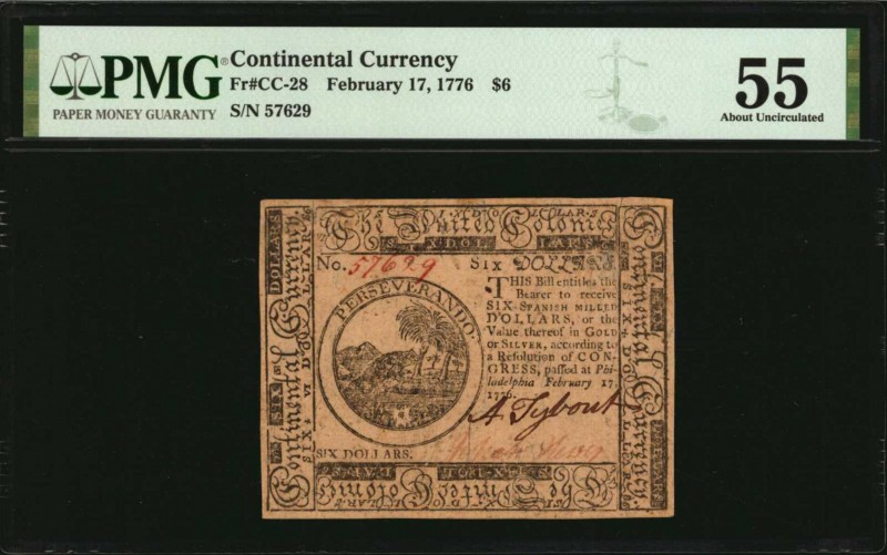 Continental Currency
CC-28. Continental Currency. February 17, 1776. $6. PMG Ab...