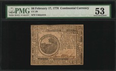 Continental Currency
Lot of (2) CC-28 & CC-81. Continental Currency. 1776 & 1778. $6 & $8. PMG About Uncirculated 53 & 55.
An attractive pair of pro...