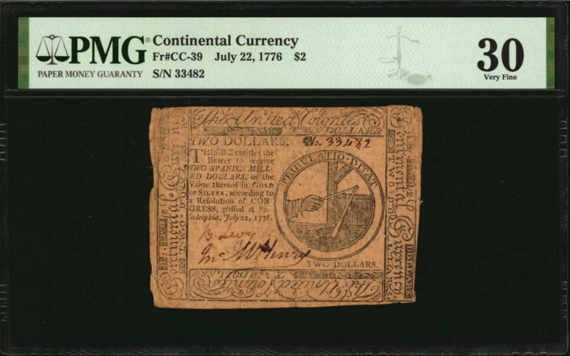 Continental Currency
CC-39. Continental Currency. July 22, 1776. $2. PMG Very F...