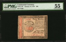 Continental Currency
CC-95. Continental Currency. January 14, 1779. $40. PMG About Uncirculated 55.
No. 77548. Signed by William Stretch and John Le...
