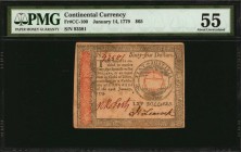 Continental Currency
CC-100. Continental Currency. January 14, 1779. $65. PMG About Uncirculated 55.
No. 23410. Signed by Gardner and Leacock. Emble...