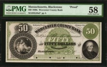 Massachusetts
Blackstone, Massachusetts. Worcester County Bank. 1860s. $50. PMG Choice About Uncirculated 58. Proof.
(MA90G30aP). A Choice About Unc...