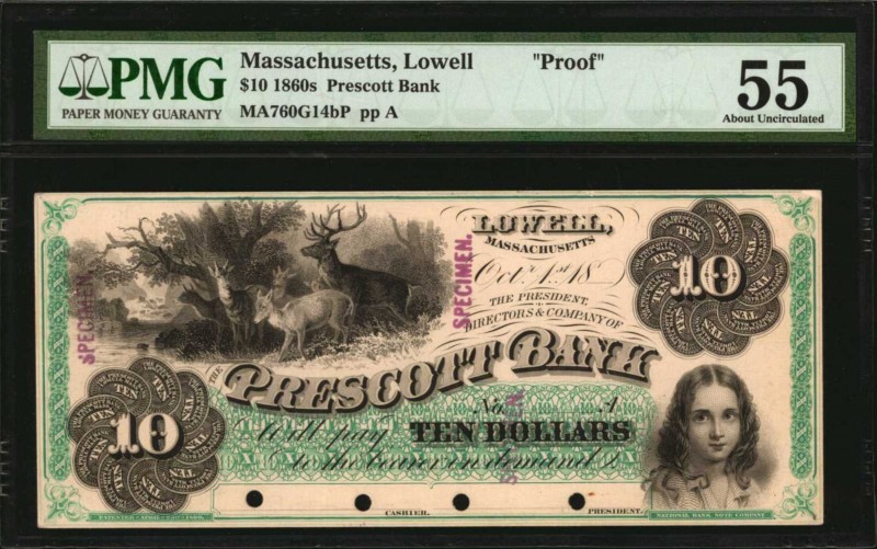 Massachusetts
Lowell, Massachusetts. Prescott Bank. 1860s. $10. PMG About Uncir...