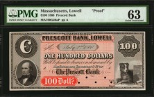 Massachusetts
Lowell, Massachusetts. Prescott Bank. 1860. $100. PMG Choice Uncirculated 63. Proof.
Full light rose tint between the end panels, with...
