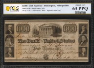 Pennsylvania
Philadelphia, Pennsylvania. Bank of the United States (3rd). 1840. $1000. PCGS Banknote Choice Uncirculated 63 PPQ.
(US-3 G100) Draper,...
