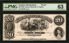Virginia
Martinsburg, Virginia. Bank of Berkeley in Virginia. 1850s $20. PMG Choice Uncirculated 63. Proof.
(VA-135 G6). JL BM-15-15. Plate A. 18XX ...
