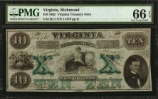 Virginia
Richmond, Virginia. Virginia Treasury Note. 1862 $10. PMG Gem Uncirculated 66 EPQ.
(Cr. 11). Plate D. Oct. 15, 1862. Imprint of Keatinge & ...