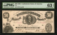 Confederate Currency
T-8. Confederate Currency. 1861 $50. PMG Choice Uncirculated 63 EPQ.
No. 32775. Plate Bb. PF-4. Cr. 18. Printed by Hoyer & Ludw...