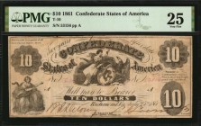 Confederate Currency
T-10. Confederate Currency. 1861 $10. PMG Very Fine 25.
No. 53156. Plate A. PF-15. Cr. UNL. Printed by Hoyer & Ludwig, Richmond...