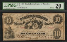 Confederate Currency
T-10. Confederate Currency. 1861 $10. PMG Very Fine 20.
No. 55435. Plate A. PF-11. Cr. 34. Printed by Hoyer & Ludwig, Richmond,...