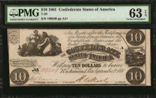 Confederate Currency
T-28. Confederate Currency. 1861 $10. PMG Choice Uncirculated 63 EPQ.
No. 109649. Plate A11. PF-10. Cr. 236B. Printed by J.T. P...