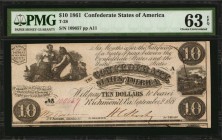 Confederate Currency
T-28. Confederate Currency. 1861 $10. PMG Choice Uncirculated 63 EPQ.
No. 109657. Plate A11. PF-10. Cr. 236B. Printed by J.T. P...