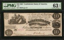 Confederate Currency
T-28. Confederate Currency. 1861 $10. PMG Choice Uncirculated 63 EPQ.
No. 109676. Plate A11. PF-10. Cr. 236B. Printed by J.T. P...