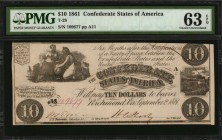 Confederate Currency
T-28. Confederate Currency. 1861 $10. PMG Choice Uncirculated 63 EPQ.
No. 109677. Plate A11. PF-10. Cr. 236B. Printed by J.T. P...