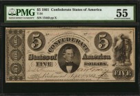 Confederate Currency
T-34. Confederate Currency. 1861 $5. PMG About Uncirculated 55.
No. 15443. Plate X. PF-5. Cr. 263. Printed by Keatinge & Ball, ...