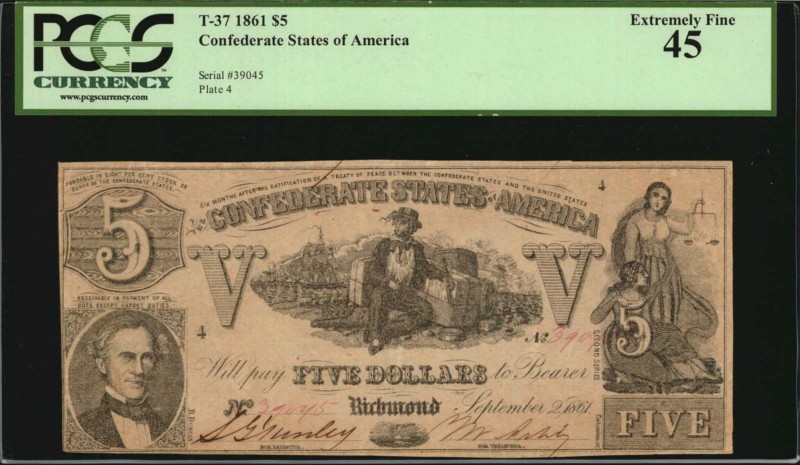 Confederate Currency
T-37. Confederate Currency. 1861 $5. PCGS Currency Extreme...