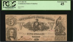 Confederate Currency
T-37. Confederate Currency. 1861 $5. PCGS Currency Extremely Fine 45.
No. 39045. Plate 4. PF-2. Cr. 285. Printed by Blanton Dun...