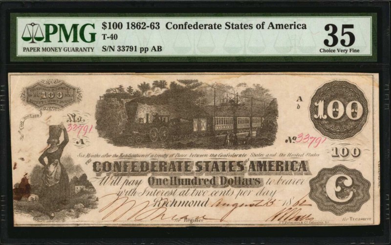 Confederate Currency
T-40. Confederate Currency. 1862-63 $100. PMG Choice Very ...