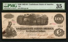 Confederate Currency
T-40. Confederate Currency. 1862-63 $100. PMG Choice Very Fine 35.
No. 33791. Plate Ab. PF-1. Cr. 298. Printed by J.T. Paterson...