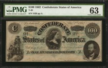 Confederate Currency
T-49. Confederate Currency. 1862 $100. PMG Choice Uncirculated 63.
No. 3420. Plate A. PF-1. Cr. 347. Printed by Keatinge & Ball...