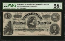 Confederate Currency
CT-49. Confederate Currency. 1863 $100. PMG Choice About Uncirculated 58 EPQ. Contemporary Counterfeit.
No. 83902. Plate D. Cr....