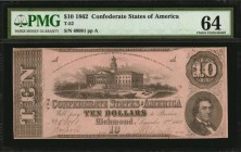 Confederate Currency
T-52. Confederate Currency. 1862 $10. PMG Choice Uncirculated 64.
No. 69081. Plate A. PF-1. Cr. 369. Printed by Blanton Duncan....