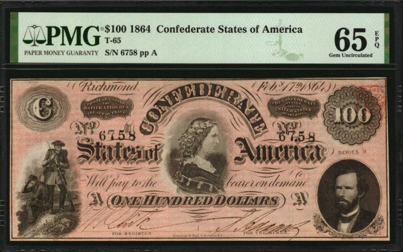 Confederate Currency
T-65. Confederate Currency. 1864 $100. PMG Gem Uncirculate...