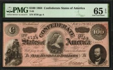 Confederate Currency
T-65. Confederate Currency. 1864 $100. PMG Gem Uncirculated 65 EPQ.
No. 6758. Plate A. PF-3. Cr 494. Printed by Keatinge & Ball...