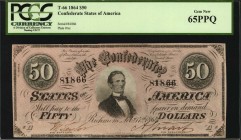 Confederate Currency
T-66. Confederate Currency. 1864 $50. PCGS Currency Gem New 65 PPQ.
No. 81866. Plate Ax. PF-3. Cr. 497. Printed by Keatinge & B...