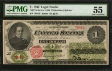 Legal Tender Notes
Fr. 17a. 1862 $1 Legal Tender Note. PMG About Uncirculated 55.
Bright paper along with dark red overprints and green undertint st...