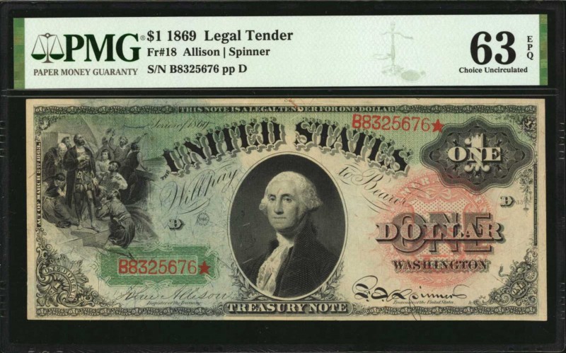 Legal Tender Notes
Fr. 18. 1869 $1 Legal Tender Note. PMG Choice Uncirculated 6...