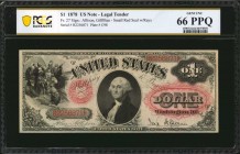 Legal Tender Notes
Fr. 27. 1878 $1 Legal Tender Note. PCGS Banknote Gem Uncirculated 66 PPQ.
Small red seal with rays. This remarkably fresh ace dis...