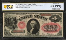 Legal Tender Notes
Fr. 27. 1878 $1 Legal Tender Note. PCGS Banknote Choice Uncirculated 63 PPQ.
Small red seal with rays. Printed signature combinat...