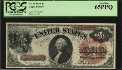 Legal Tender Notes
Fr. 30. 1880 $1 Legal Tender Note. PCGS Currency Gem New 65 PPQ.
An always desirable Gem offering on this popular large brown sea...