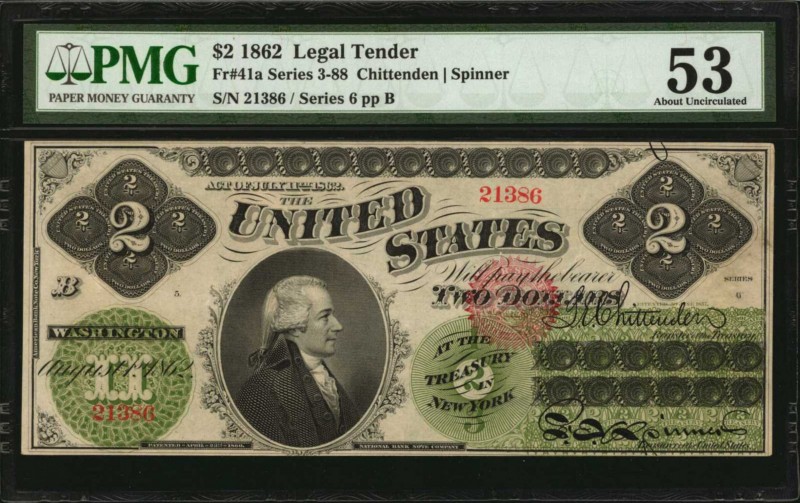 Legal Tender Notes
Fr. 41a. 1862 $2 Legal Tender Note. PMG About Uncirculated 5...