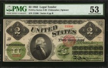 Legal Tender Notes
Fr. 41a. 1862 $2 Legal Tender Note. PMG About Uncirculated 53.
A stunning early $2 legal is seen with appealing centering, margin...