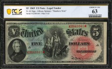 Legal Tender Notes
Fr. 64. 1869 $5 Legal Tender Note. PCGS Banknote Choice Uncirculated 63.
A Choice Uncirculated example of this Wood Chopper note ...
