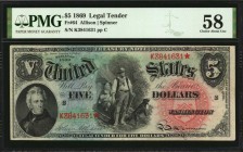 Legal Tender Notes
Fr. 64. 1869 $5 Legal Tender Note. PMG Choice About Uncirculated 58.
Brilliant blue, green and red coloring is featured on this a...