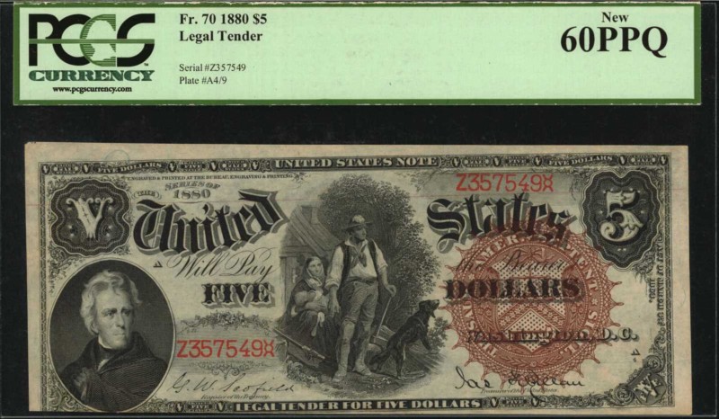 Legal Tender Notes
Fr. 70. 1880 $5 Legal Tender Note. PCGS Currency New 60 PPQ....