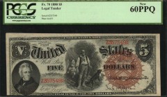 Legal Tender Notes
Fr. 70. 1880 $5 Legal Tender Note. PCGS Currency New 60 PPQ.
One of the key catalog numbers to the 1880 Five Dollar Legal Tender ...