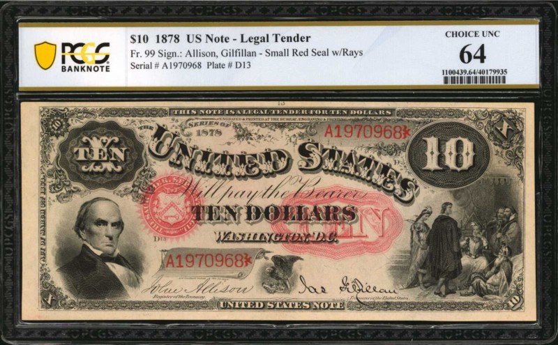 Legal Tender Notes
Fr. 99. 1878 $10 Legal Tender Note. PCGS Banknote Choice Unc...