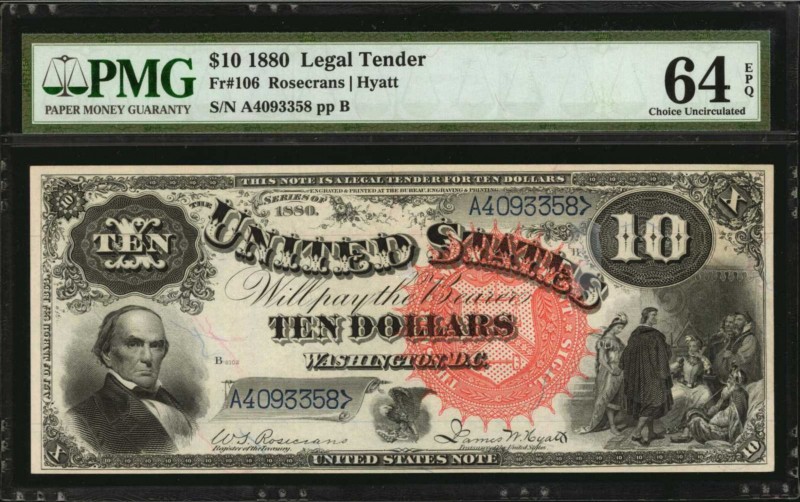 Legal Tender Notes
Fr. 106. 1880 $10 Legal Tender Note. PMG Choice Uncirculated...