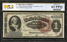 Silver Certificates
Fr. 219. 1886 $1 Silver Certificate. PCGS Banknote Choice Uncirculated 63 PPQ.
Large brown seal. Printed signature combination o...